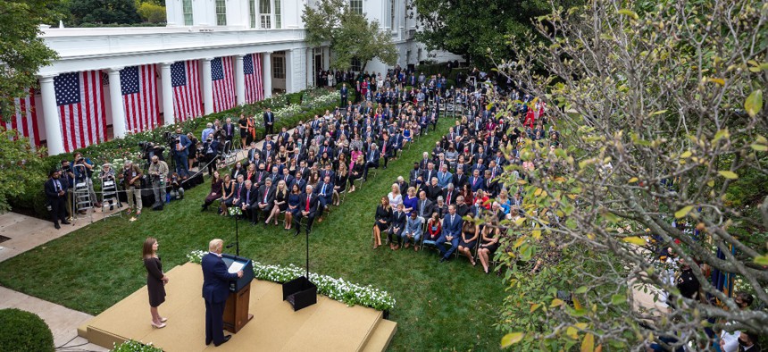 President Trump introduced Judge Amy Coney Barrett, his nominee for the U.S. Supreme Court, during a Sept. 26 Rose Garden event at the White House. Several people at the event later tested positive for COVID-19.