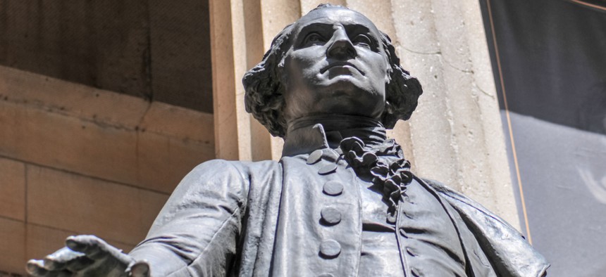 The George Washington Monument at Federal Hall in Lower Manhattan is shown in 2009.