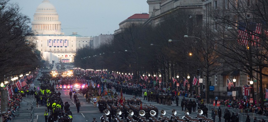 The U.S. Army Field Band marches down Pennsylvania Avenue during the 58th Presidential Inaugural Parade in 2017.