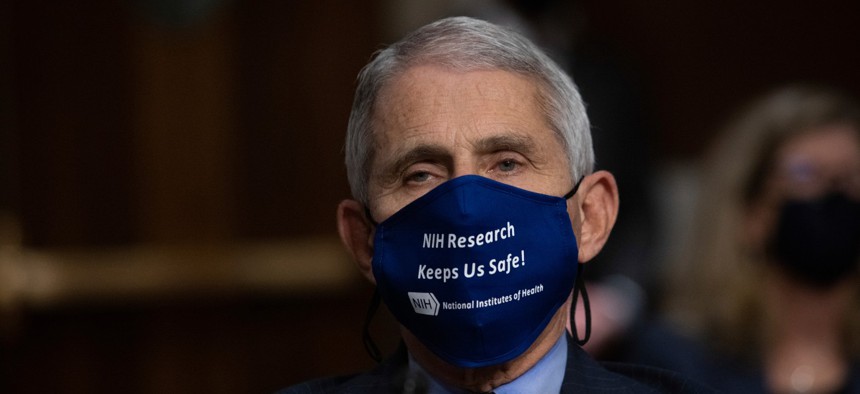 Dr. Anthony Fauci, director of the National Institute of Allergy and Infectious Diseases, listens during a Sept. 23 Senate hearing on the federal government's response to the novel coronavirus pandemic. 
