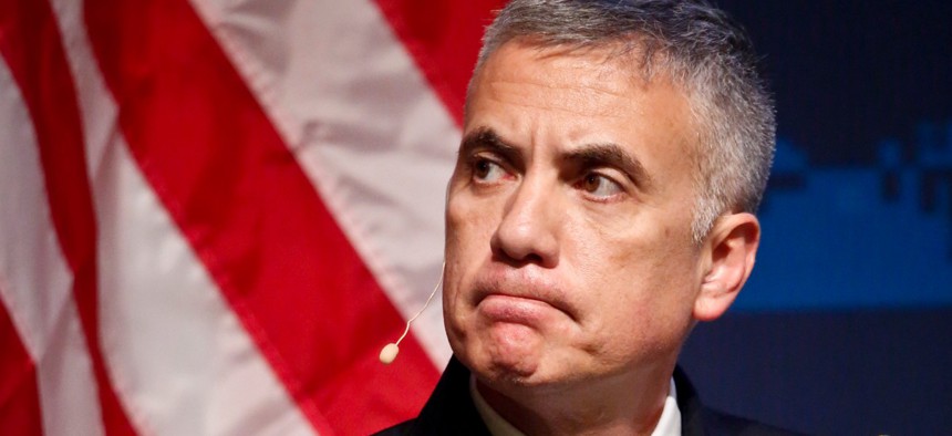 National Security Agency General Paul Nakasone listens during a panel discussion at the Homeland Security Department National Cybersecurity Summit on July 31, 2018, in New York. 