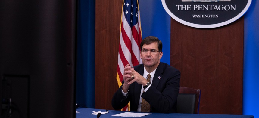 Then-Secretary of Defense Mark Esper conducts Virtual Engagement with Industry Partners at the Pentagon on Oct. 21. 