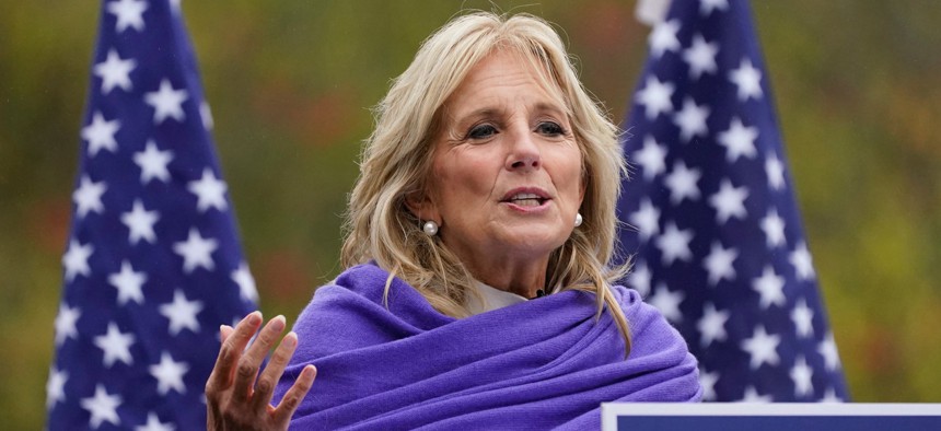 Jill Biden appears at a campaign event in Michigan in July.