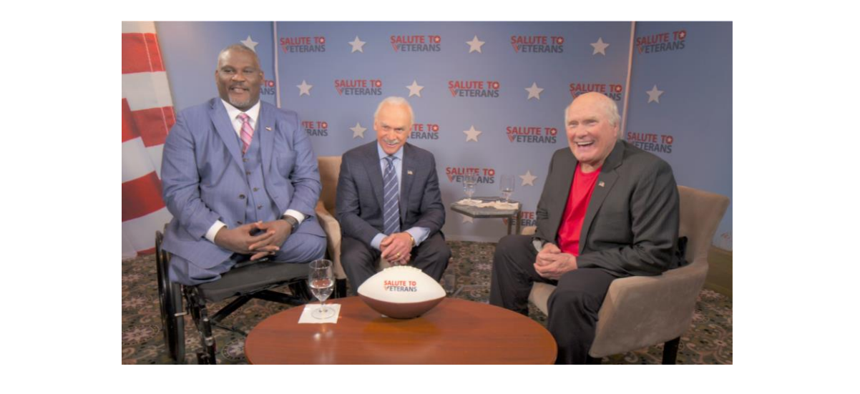 Col. Greg Gadson, Rocky Bleier, and Host Terry Bradshaw on the set of the Salute to Veterans Series. (Courtesy: Salute to Veterans Series)