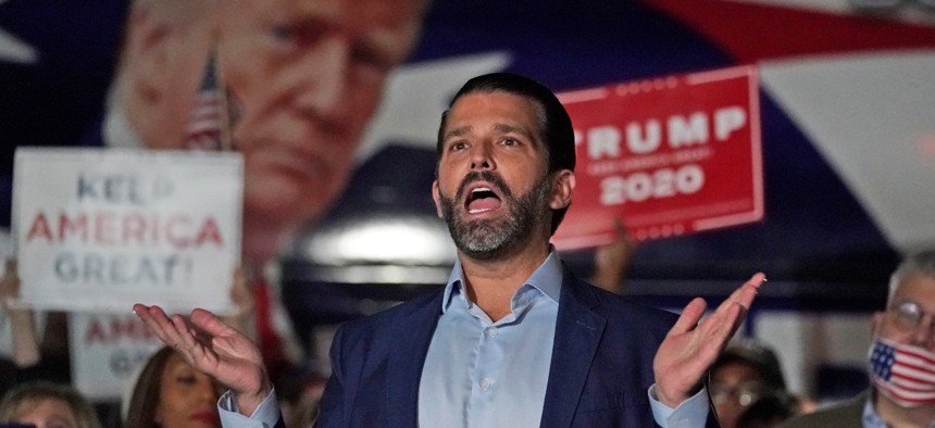 Donald Trump Jr. gestures during a news conference at Georgia Republican Party headquarters on Nov. 5 in Atlanta. 