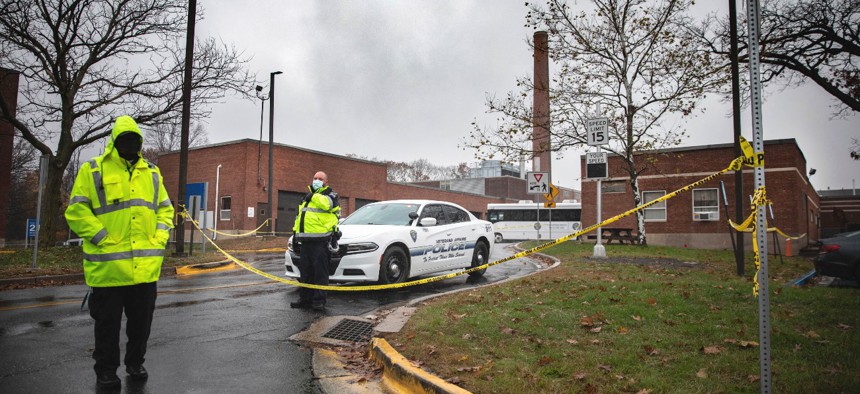 The entrance to a maintenance facility after an apparent steam explosion in a maintenance building at a Veterans Affairs hospital in West Haven, Conn., on Friday. 