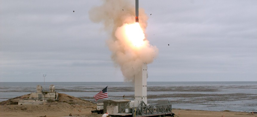 The Defense Department conducts a flight test of a conventionally configured ground-launched cruise missile at San Nicolas Island, Calif., in August 2019. 
