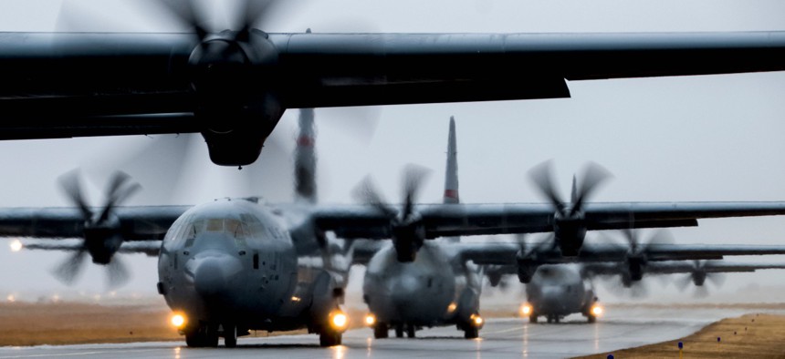 Four C130J Super Hercules depart Quonset Air National Guard base for an Operations Off-Station Trainer on Feb. 6, 2020, in North Kingstown, R.I. 