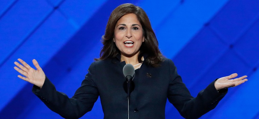 Neera Tanden, President-elect Biden's pick to head the Office of Management and Budget, speaks at the Democratic National Convention in Philadelphia in July 2016.