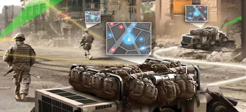 By 2025, the Army sees ground troops conducting foot patrols in urban terrain with robots—called Squad Multipurpose Equipment Transport vehicles—that carry rucksacks and other equipment. 