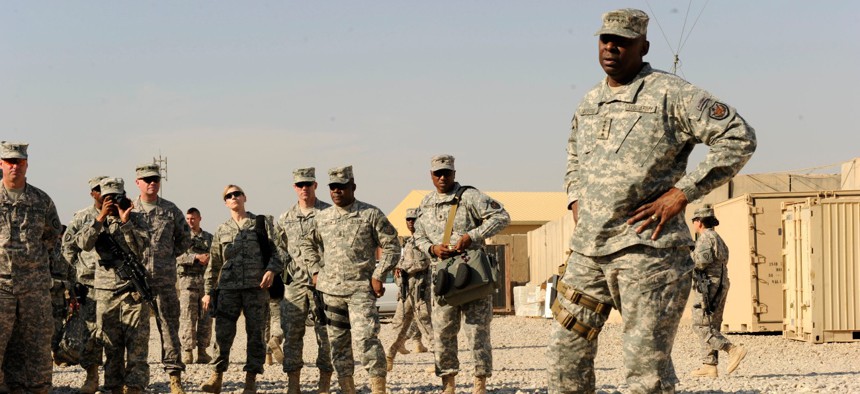 U.S. Army Gen. Lloyd Austin, commanding general, U.S. Forces-Iraq speaks with soldiers from 2nd Advise and Assist Brigade, 25th Infantry Division at Forward Operating Base Warhorse in Diyala province, Iraq, on Nov. 16, 2010. 