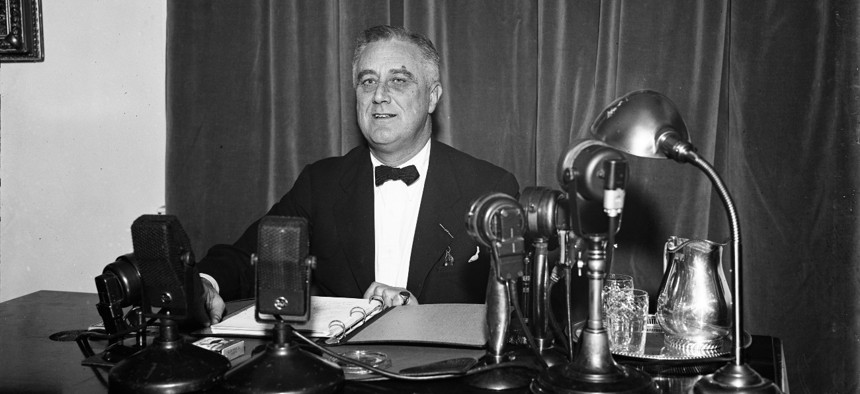President Franklin D. Roosevelt addresses the nation during one of his fireside chats in 1937.