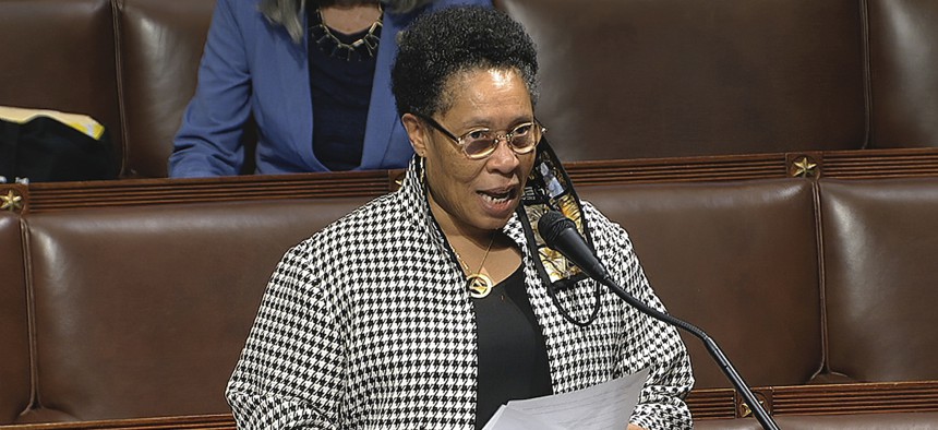 Rep. Marcia Fudge, D-Ohio, speaks on the floor of the House of Representatives at the U.S. Capitol in April.
