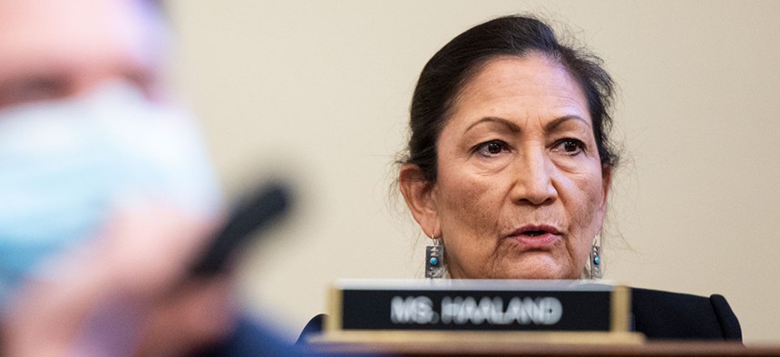 Rep. Deb Haaland, D-N.M., questions Acting U.S. Park Police Chief Gregory T. Monahan, during a House Natural Resources Committee in July. 