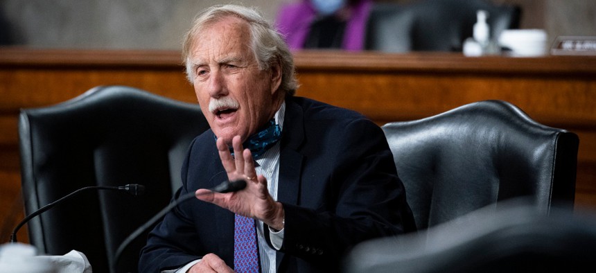 Sen. Angus King, I-Maine, speaks during a Senate Armed Services Committee hearing in May. 