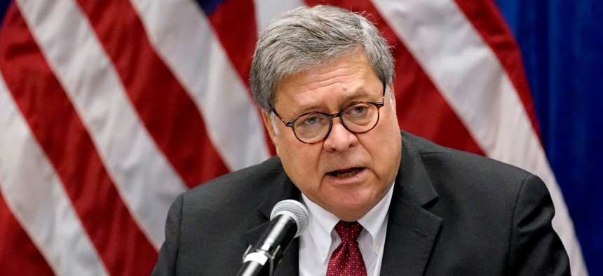 Attorney General William Barr speaks during a news conference on Monday.