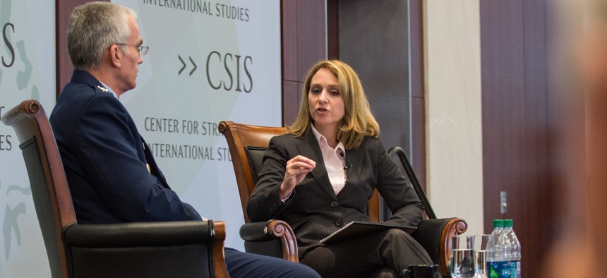 Hicks poses a question to U.S. Air Force Gen. Paul J. Selva, vice chairman of the Joint Chiefs of Staff, during a Military Strategy Forum held by CSIS in Washington in 2016