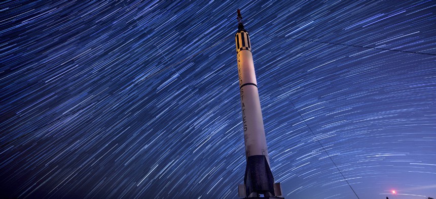 The park on Cape Canaveral, Fla. showcases several pieces of equipment that were monumental to the development of Air Force Space Command. Here, 216 photos captured over a 90 minute period are layered over one another, making the star trails come to life.