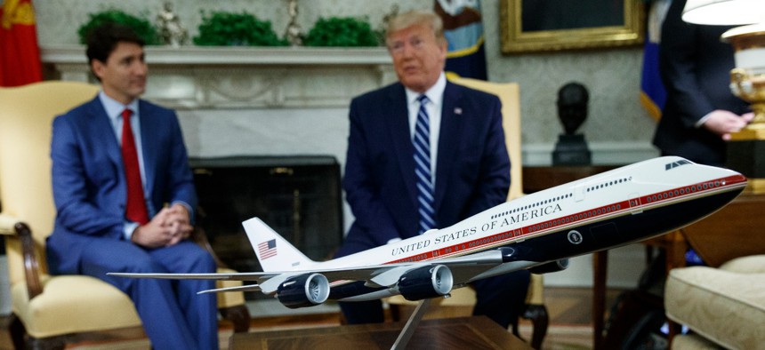 A model of the new Air Force One design sits on a table during a June 2019 meeting between President Donald Trump and Canadian Prime Minister Justin Trudeau in the Oval Office of the White House in Washington.