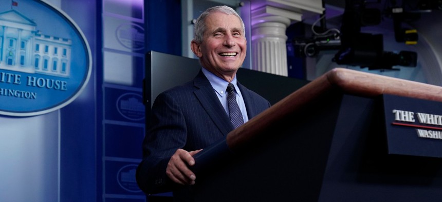 Dr. Anthony Fauci, director of the National Institute of Allergy and Infectious Diseases, laughs while speaking in the James Brady Press Briefing Room at the White House on Jan. 21.