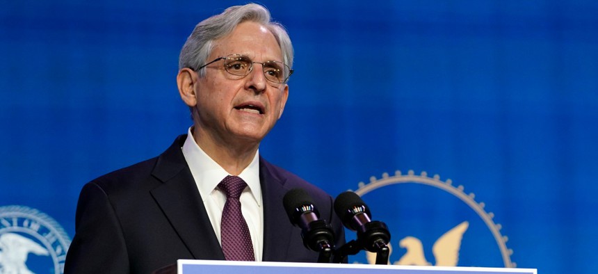 Attorney General nominee Merrick Garland speaks during an event with President-elect Joe Biden and Vice President-elect Kamala Harris at The Queen theater in Wilmington, Del., on Jan. 7. 