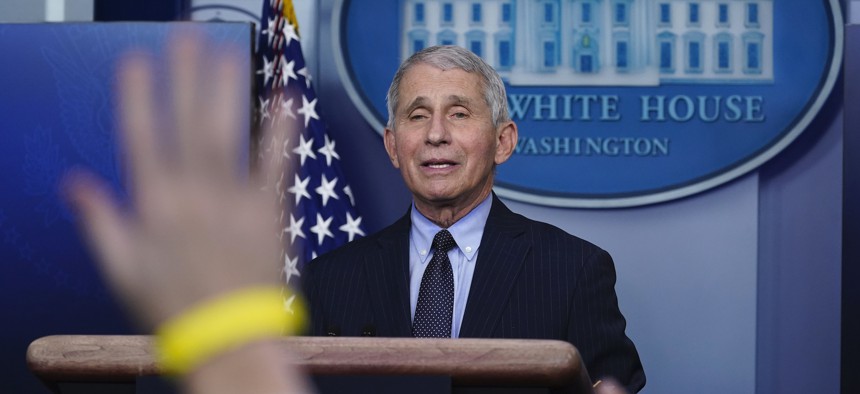 Fauci takes questions at the White House on Jan. 21.