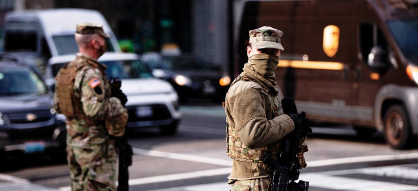 National Guard troops support federal law enforcement in Washington, D.C., following the U.S. Capitol riots on January 6, 2021.