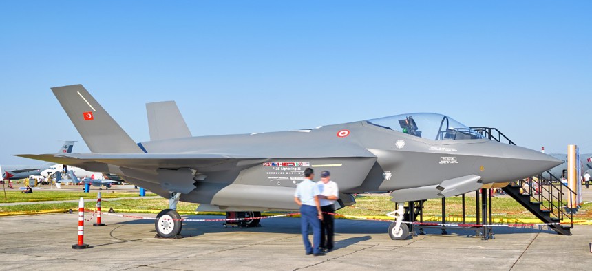 This 2011 photo shows a full-scale mockup of an F-35 jet in Turkish Air Force livery at Izmir, Turkey. 