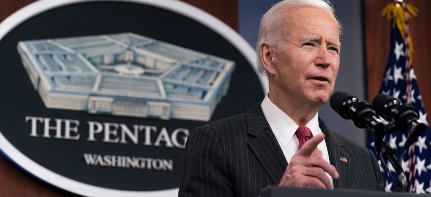 President Biden speaks at the Pentagon on Feb. 10. 