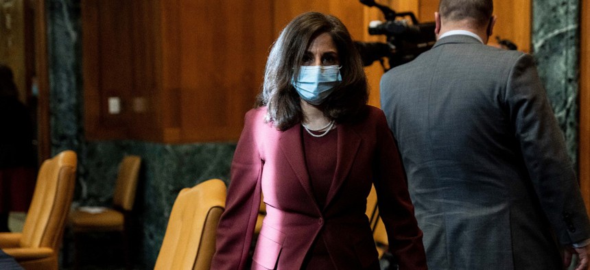 Neera Tanden, President Biden's nominee for director of the Office of Management and Budget, arrives for a Senate Budget Committee hearing on Feb. 10.
