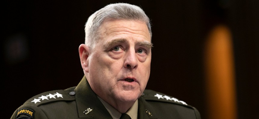 Chairman of the Joint Chiefs of Staff Gen. Mark Milley testifies to the Senate Armed Services Committee about the budget in March 2020. 