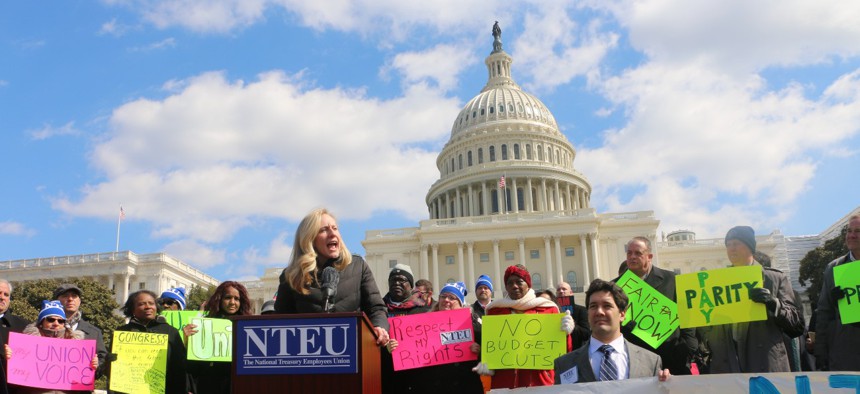 Rep. Abigail Spanberger, D-Va., speaks at an NTEU member rally in March 2019.