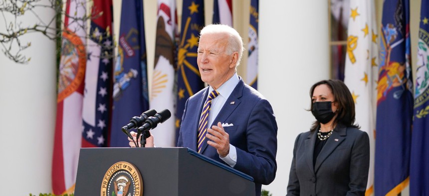 President Joe Biden speaks about the American Rescue Plan, a coronavirus relief package, in the Rose Garden of the White House on March 12.
