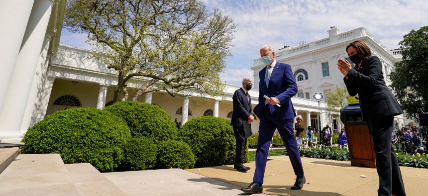 President Biden departs after speaking in the White House Rose Garden on Thursday. 