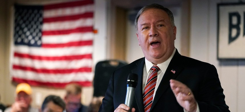 Former Secretary of State Mike Pompeo speaks at the West Side Conservative Club in Urbandale, Iowa, in March. 