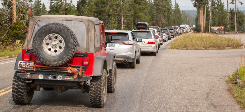 Traffic at the south entrance to Yellowstone National Park on Aug. 20, 2015.