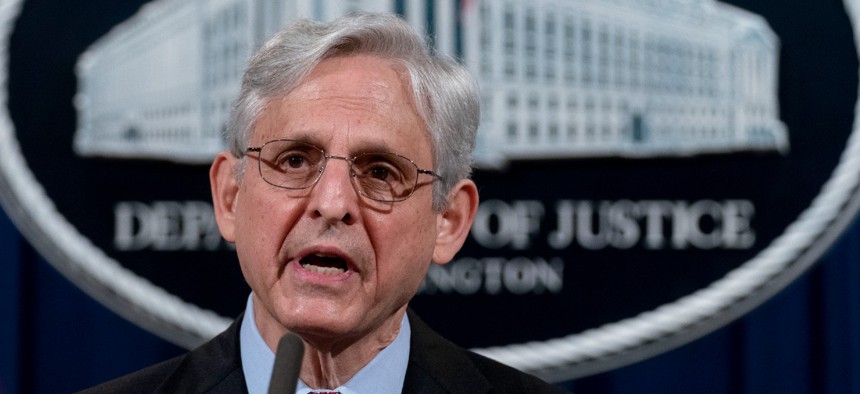 Attorney General Merrick Garland speaks at the Justice Department in April. Garland is under pressure to recognize a union of immigration judges. 