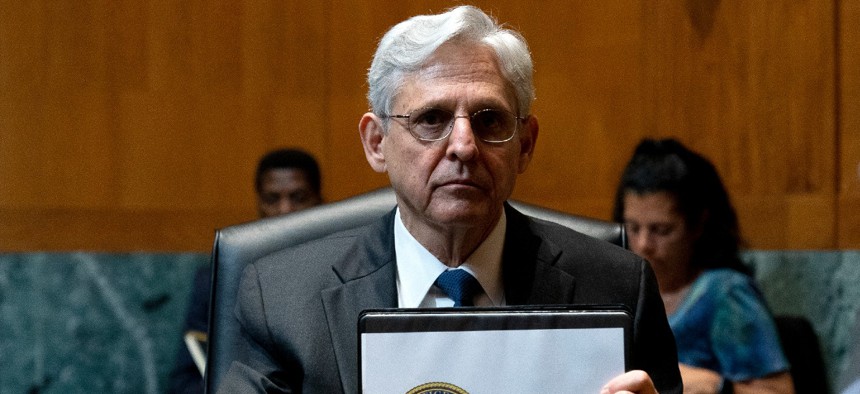 Attorney General Merrick Garland, prepares to depart following a Senate Appropriations Subcommittee on Commerce, Justice, Science, and Related Agencies hearing Wednesday. 