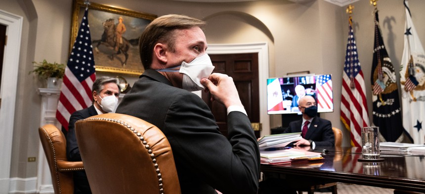 National Security Advisor Jake Sullivan listens during a virtual meeting with U.S. President Joe Biden and Mexican President Andrés Manuel López Obrador in the Roosevelt Room of the White House on March 1, 2021 in Washington, D.C.