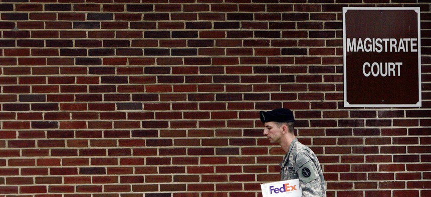 An US Army paralegal departs the Magistrate Court on Fort Meade, Maryland.