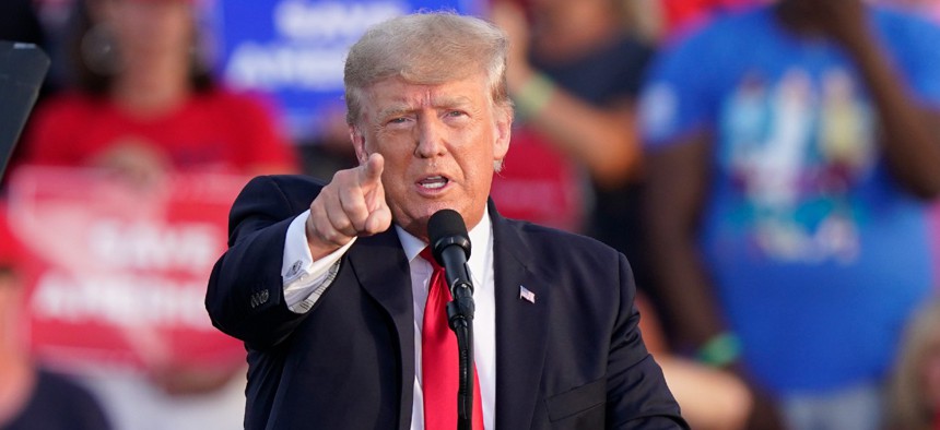 Former President Trump speaks at a rally at the Lorain County Fairgrounds in Wellington, Ohio, on June 26. Trump has frequently touted the VA Accountability and Whistleblower Protection Act as one of his key legislative accomplishments. 