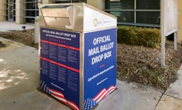 A drop box for San Bernardino County is placed at the Victorville City Hall building in Victorville, California in 2020.