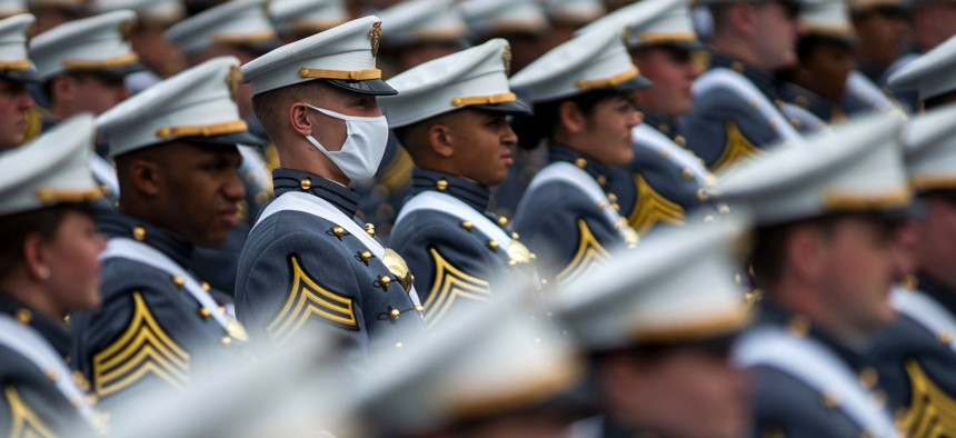 United States Military Academy graduating cadets stand during their graduation ceremony at Michie Stadium on Saturday, May 22, 2021, in West Point, N.Y.
