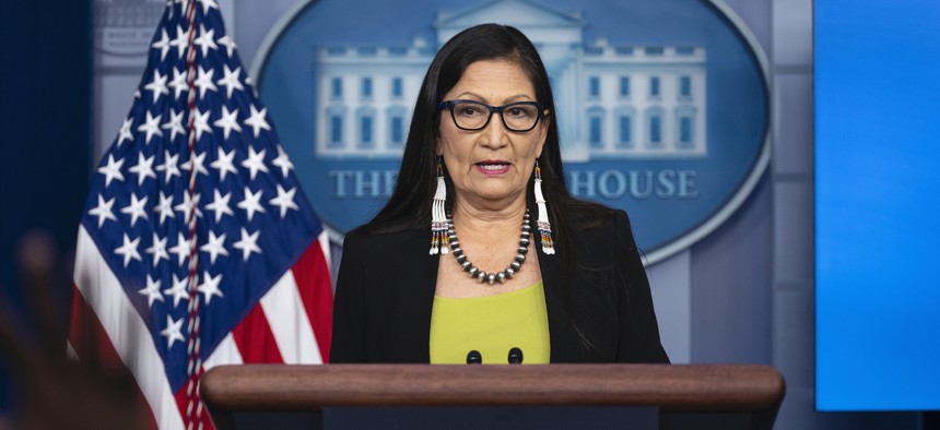 Interior Secretary Deb Haaland speaks during a press briefing at the White House in April.