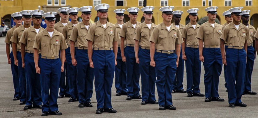 New Marines of India Company, 3rd Recruit Training Battalion, participate in a graduation ceremony at Marine Corps Recruit Depot, San Diego, June 3, 2021.