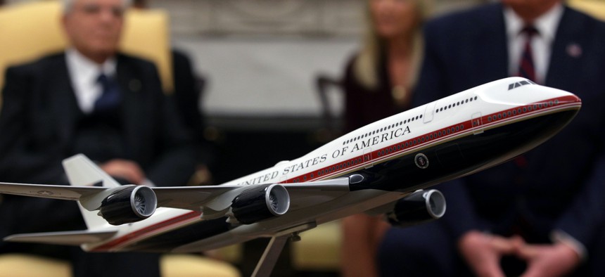  A model of the proposed paint scheme of the next generation of Air Force One is on display during a meeting between U.S. President Donald Trump and President Sergio Mattarella of Italy in the Oval Office of the White House October 16, 2019.
