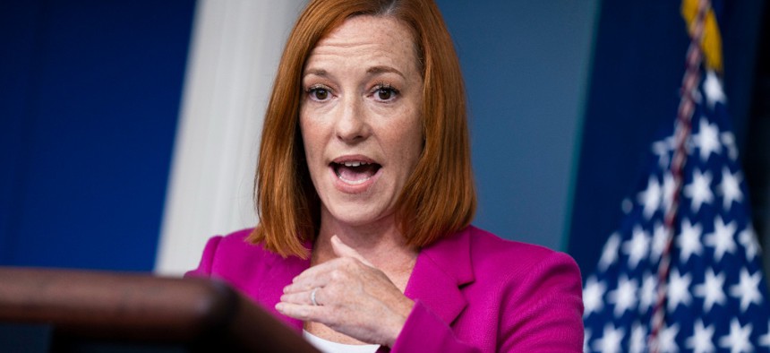 White House press secretary Jen Psaki speaks during a briefing at the White House on Thursday. "Large swaths of the federal government coming to a screeching halt would certainly not be beneficial to pandemic response, but we are doing everything we can to mitigate," Psaki said. 