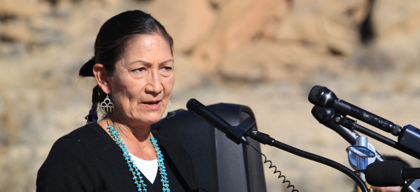 U.S. Interior Secretary Deb Haaland addresses a crowd during a celebration at Chaco Culture National Historical Park in northwestern New Mexico on Monday.