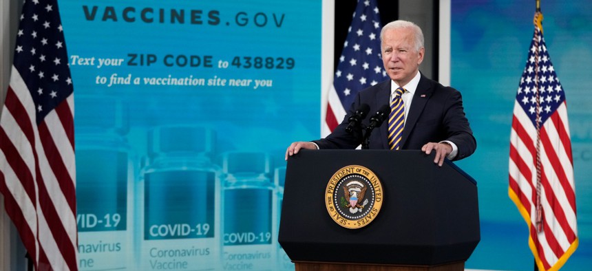 President Biden speaks in the South Court Auditorium on the White House campus on Oct. 14.