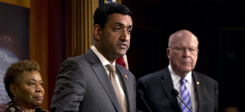 Rep. Ro Khanna, D-Calif., accompanied by Rep. Barbara Lee, D-Calif., and Sen. Patrick Leahy, D-Vt., speaks during a news conference Jan. 9, 2020.